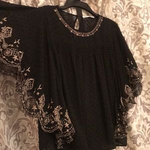 Zara Spain Black Embroidered Sheer Textured Top, size S, relaxed fit